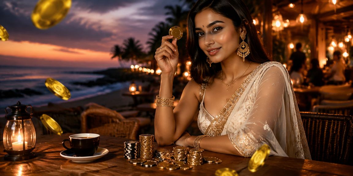Goa beach with casino app on mobile in saree setting