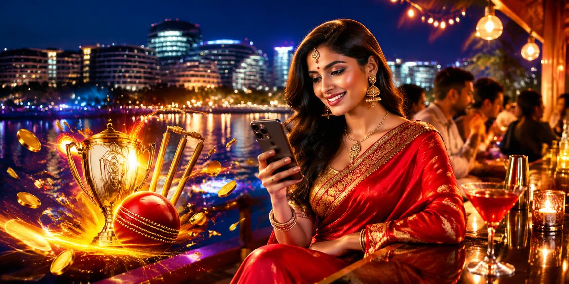 Indian woman betting on cricket via smartphone in traditional saree
