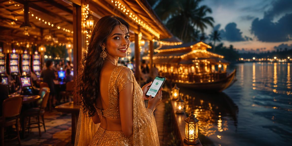 User making secure mobile payment with traditional lehenga scenery in Kerala
